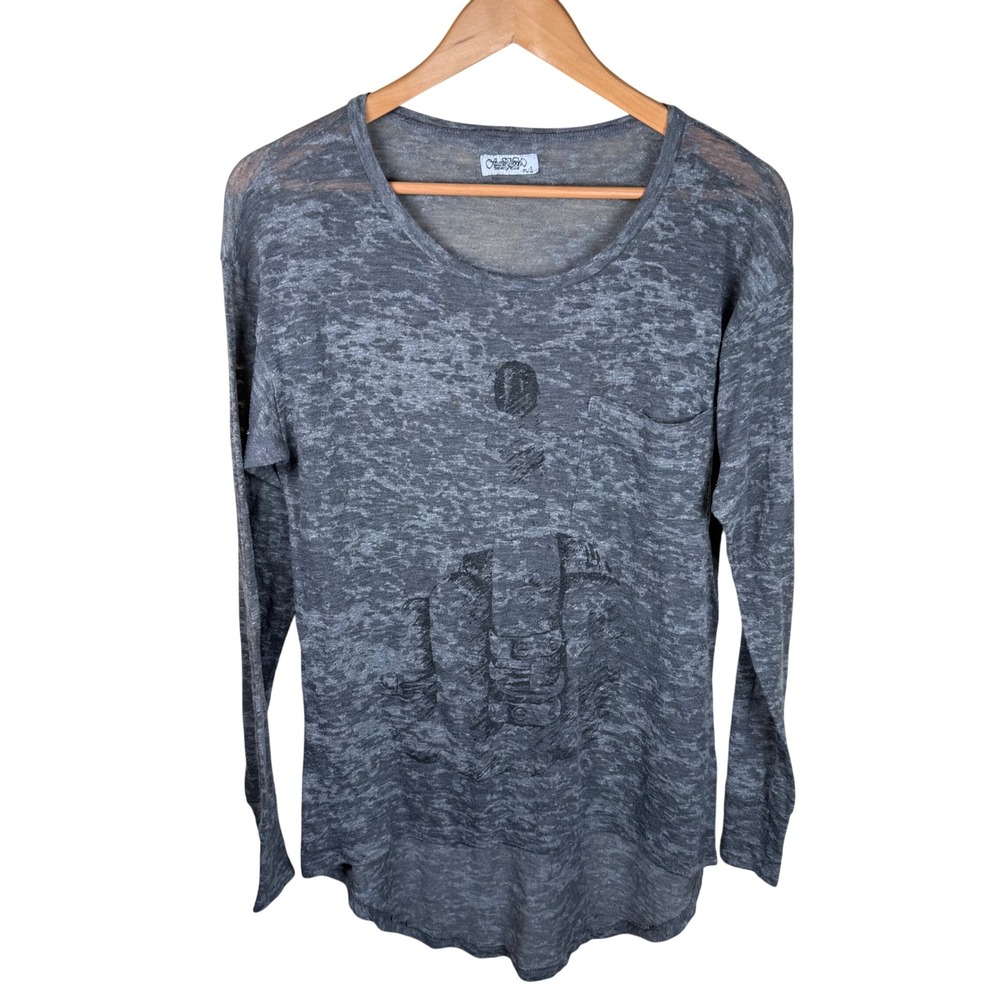 Lauren Moshi Middle Finger Burnout Tee Women M/L Grey Long Sleeve Graphic Grunge